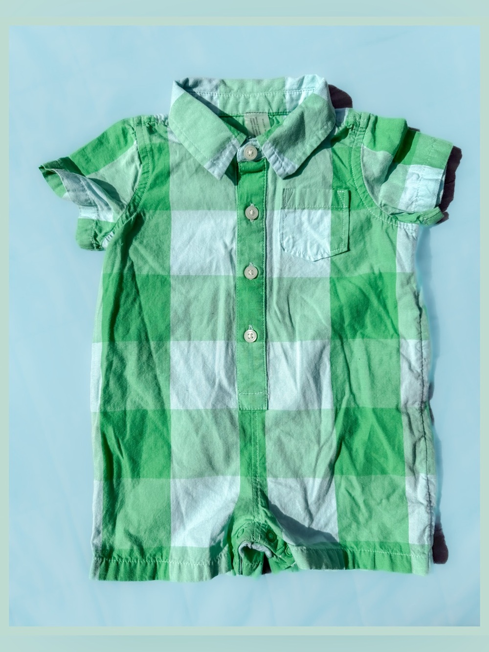 Primary Green White Gingham Button-Front Baby One-Piece Romper Jon Jon Newborn